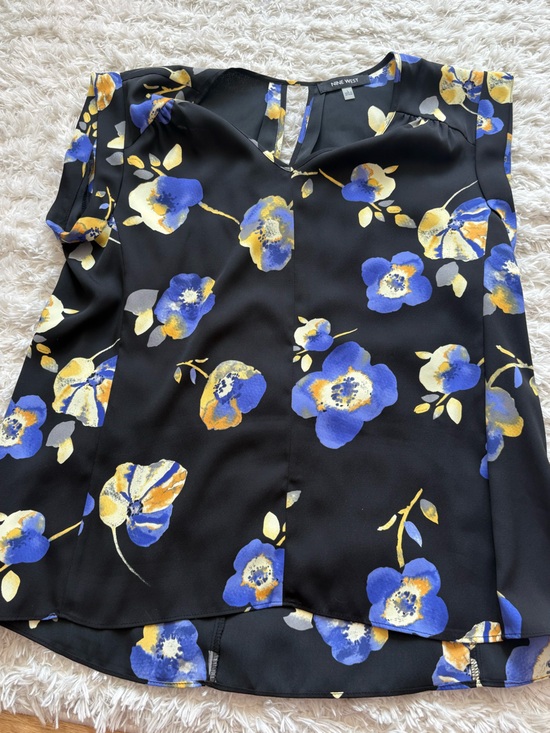 Nine West Tops - Nine West Black Floral Cap Sleeve Blouse with Blue and Yellow Flowers